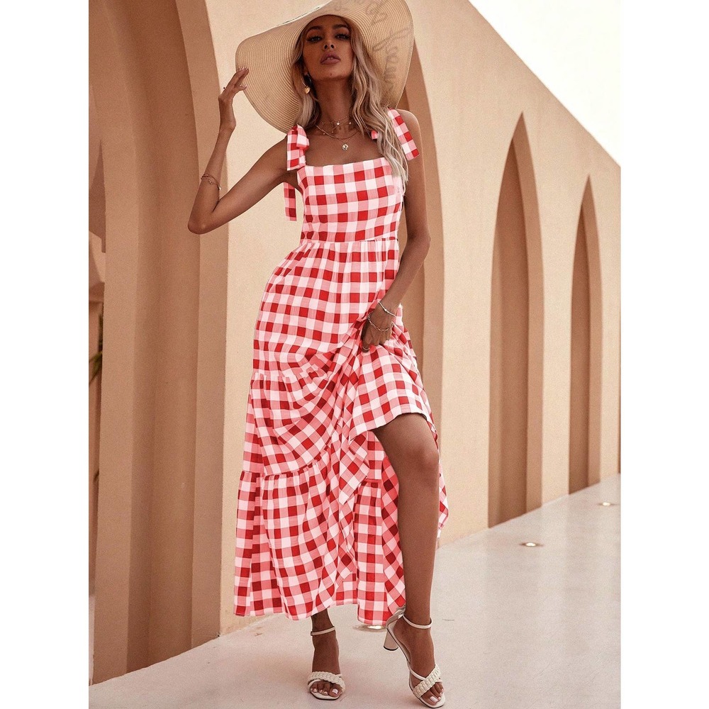 preppy Knot Strap Flounce Hem Gingham print maxi Dress - Picture 5 of 5